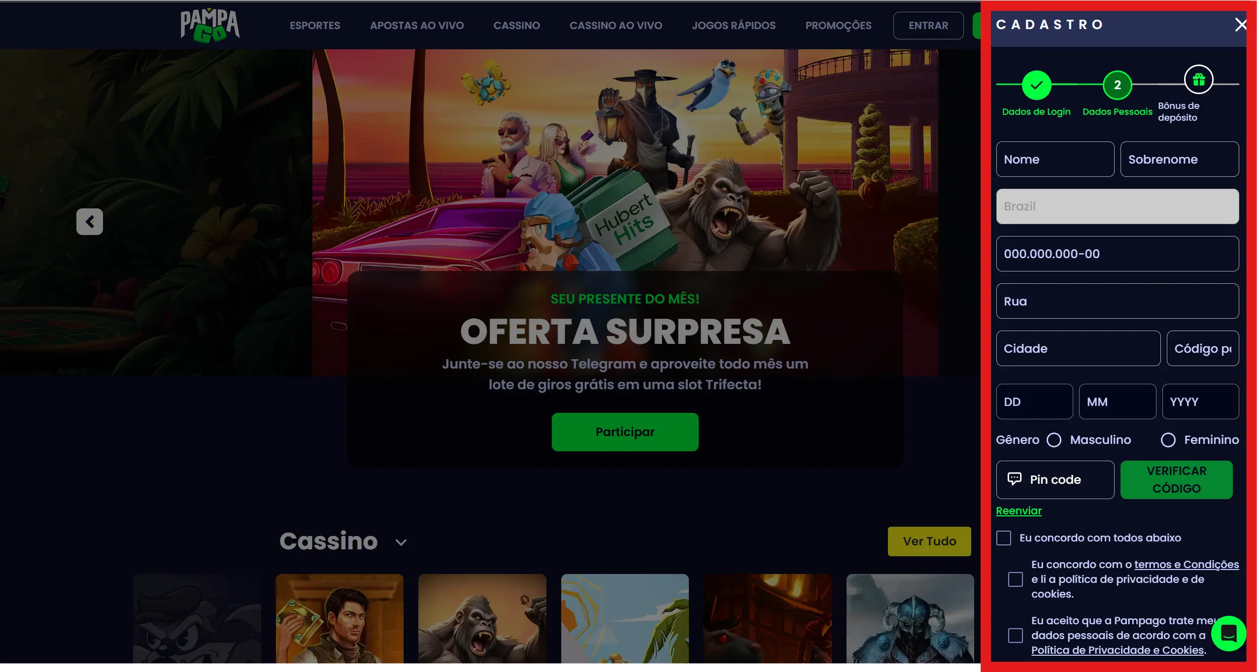 Segunda página de cadastro do PampaGo Cassino para dados básicos como nome e CPF.