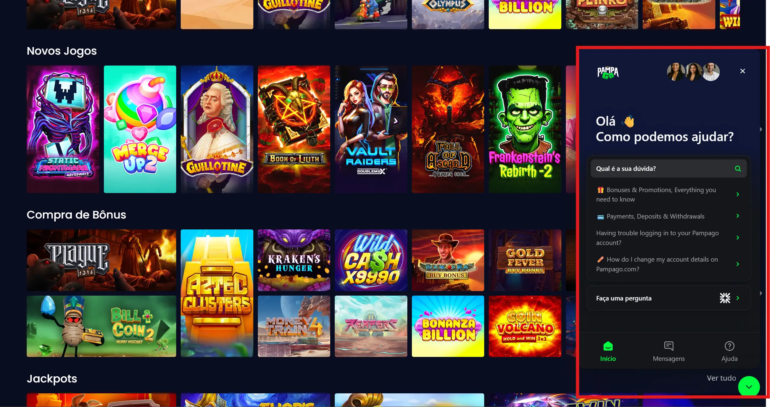 Janela do chat ao vivo do PampaGo Cassino para suporte rápido ao cliente.