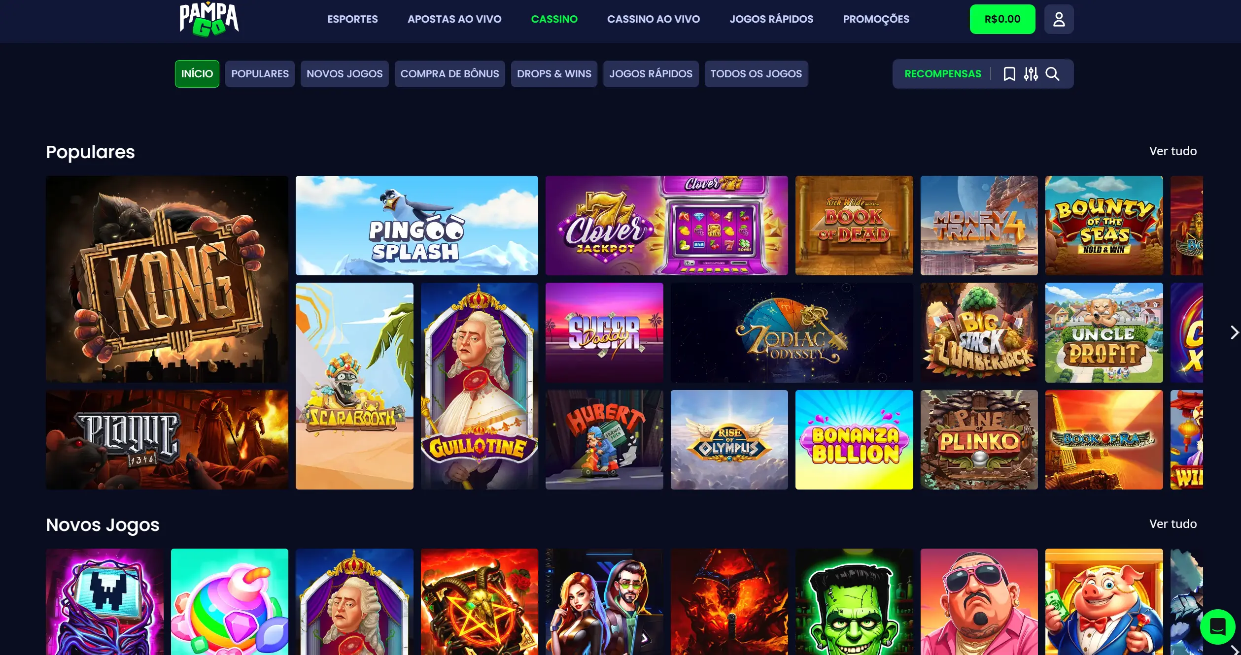 Seleção de jogos de caça-níqueis populares e novos lançamentos no PampaGo Cassino.